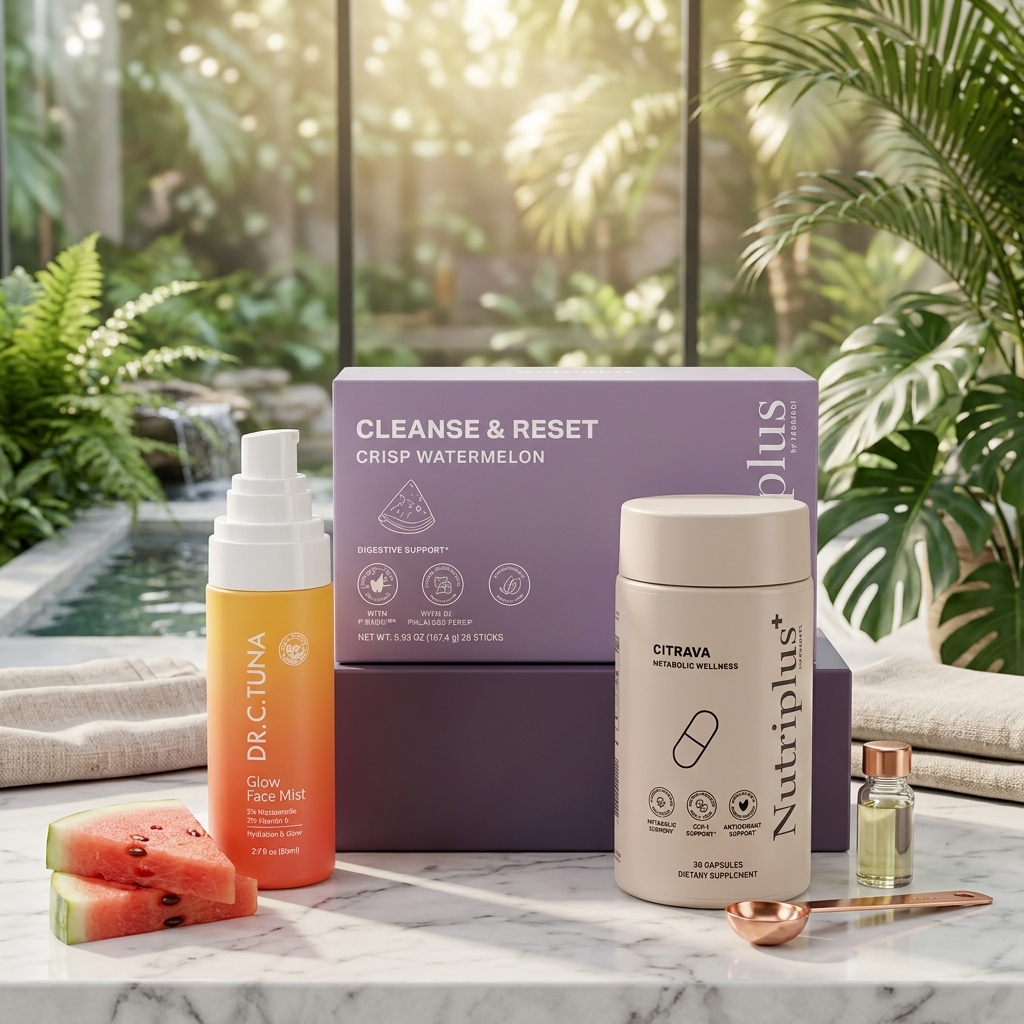 Farmasi wellness products — Cleanse & Reset, Glow Mist, and Citrava styled on marble